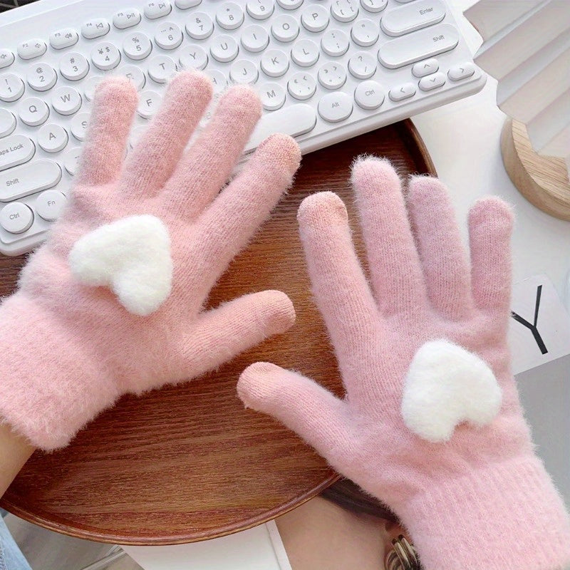 1 Pair Cozy Plush Love Heart Gloves for Women - Soft, Warm Touchscreen Mittens in Pink, Light Gray, White, and Beige - Thick Knit Winter Gloves with Elastic Fit for Evening Dates, Gloves for Cold Weather