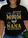 Women's Black "Mom & Nana" Graphic T-Shirt - Soft Crew Neck, Short Sleeve, Breathable Casual Wear with Vibrant Lettering & Illustrations - Perfect for Spring, Summer & Everyday Occasions, Ladies T Shirts