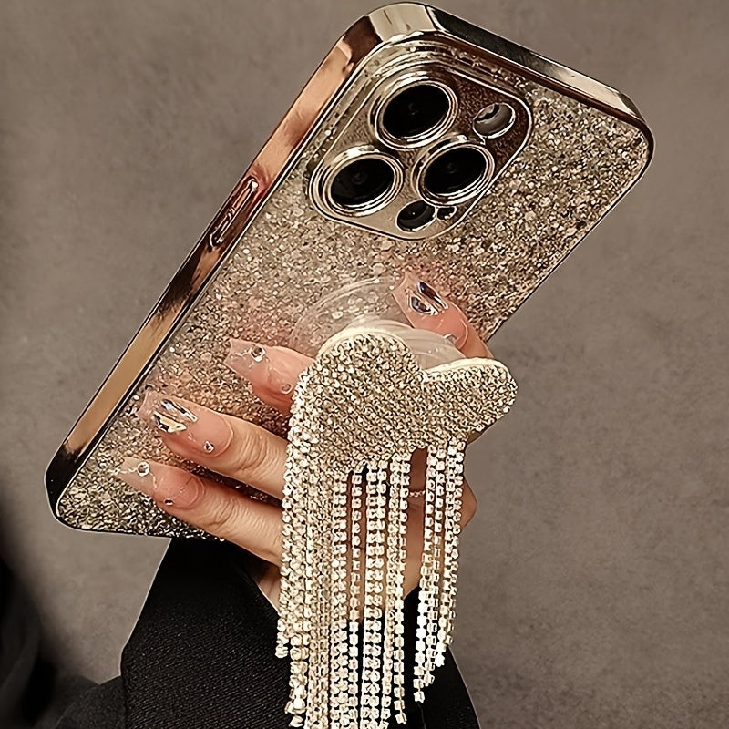 for 15promax Apple iPhone14 high-end niche 13 luxury rhinestone love tassel holder 12 Silvery plated sequin 14promax/15promax/16promax/13promax/11/12promax/13/14/14pro/15pro/15plus cases