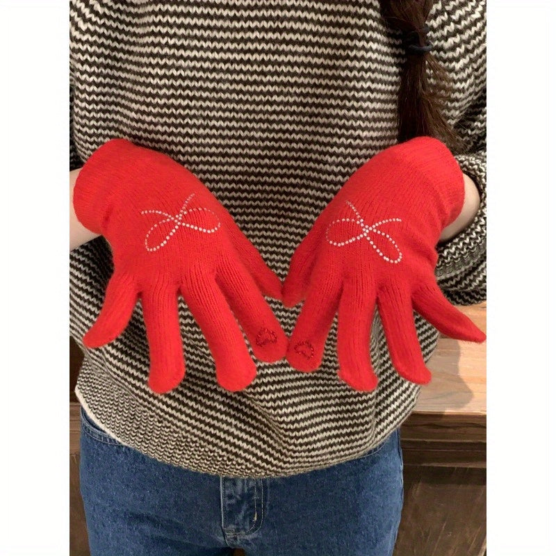 Winter Rhinestone Bow Plush Gloves for Women - Decorative Warm Polyester Mittens with Elasticity, Windproof for Night Out, No-Wash Instruction