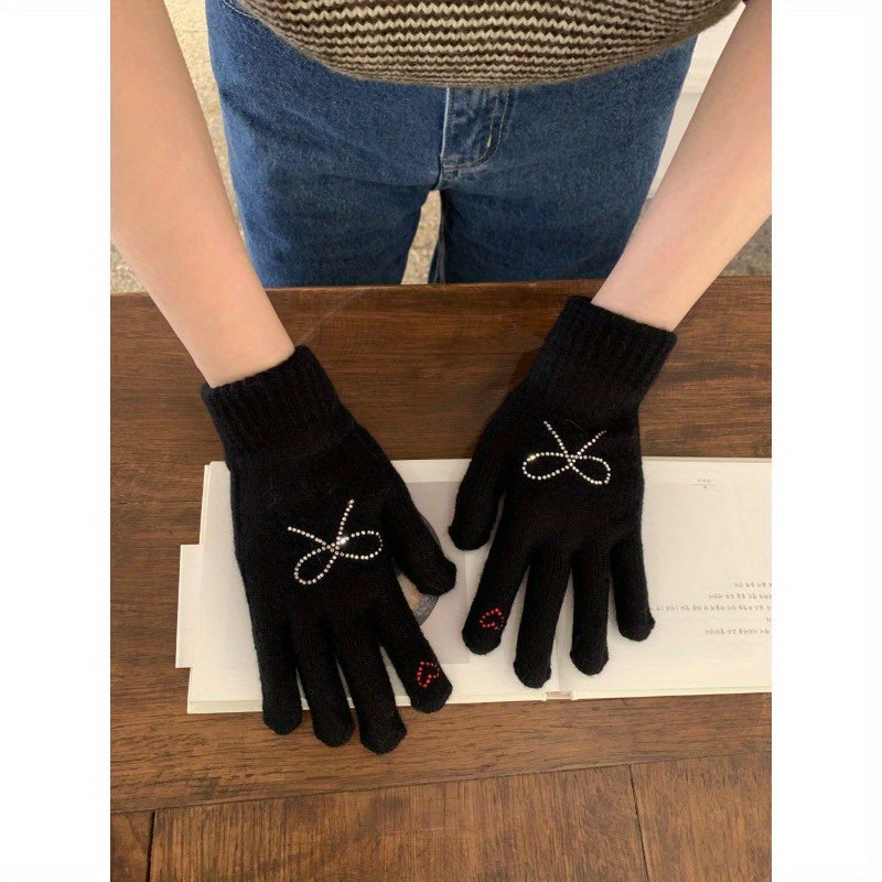 Winter Rhinestone Bow Plush Gloves for Women - Decorative Warm Polyester Mittens with Elasticity, Windproof for Night Out, No-Wash Instruction