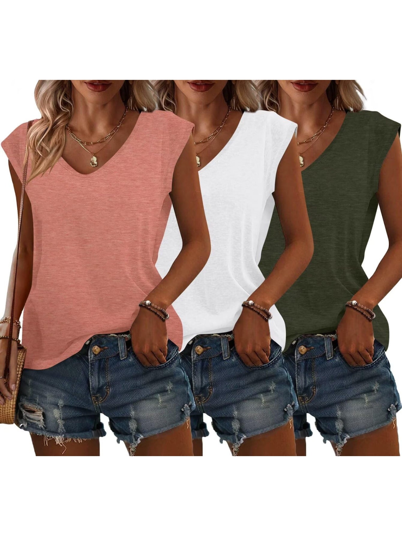 Bliwov 3 Pack Women's Cap Sleeve Tank Tops U Neck Spring Summer Tops Casual Loose Fit Basic Tee Shirts 2024 Fashion Clothes