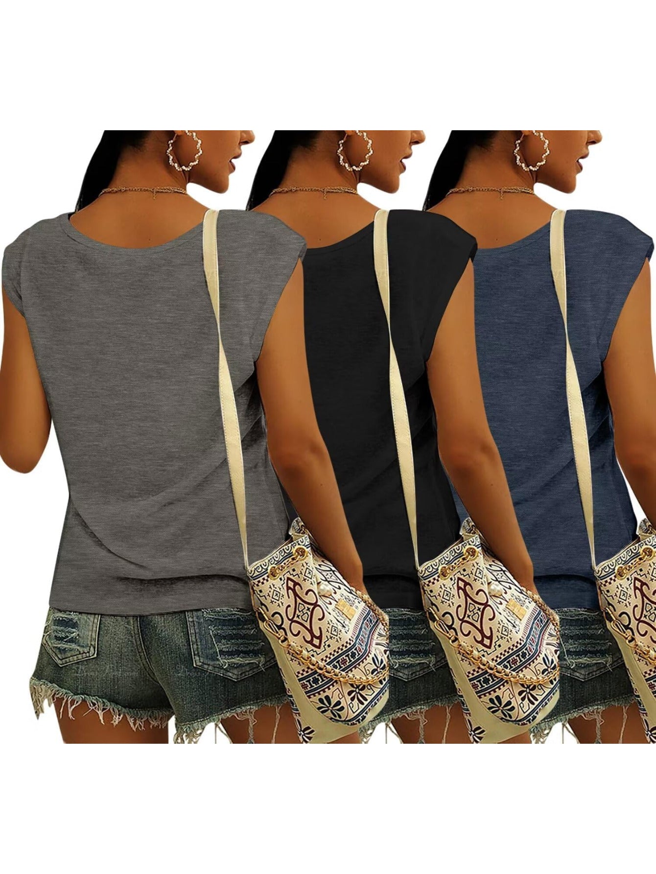 Bliwov 3 Pack Women's Cap Sleeve Tank Tops U Neck Spring Summer Tops Casual Loose Fit Basic Tee Shirts 2024 Fashion Clothes