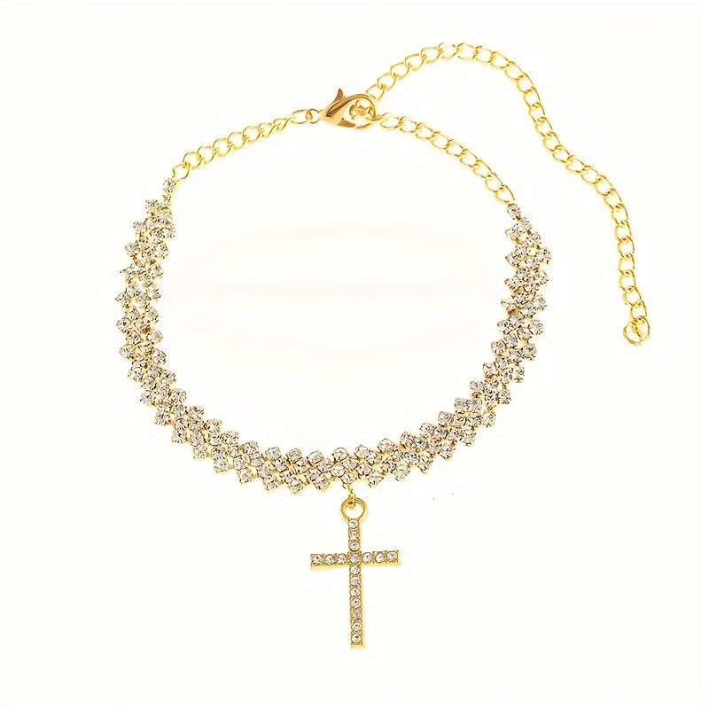 2pcs Gold Glitter Cross Pendant Anklet Set for Women – Elegant Rhinestone Chain Anklets – Personalized Summer Beach Jewelry Gift