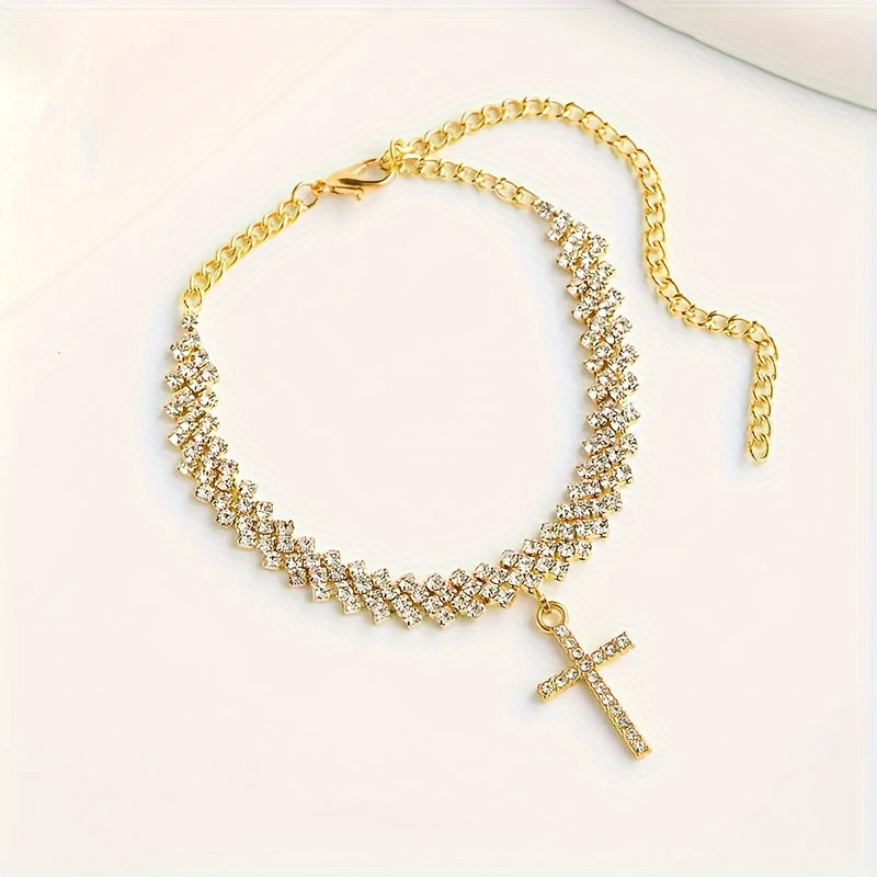 2pcs Gold Glitter Cross Pendant Anklet Set for Women – Elegant Rhinestone Chain Anklets – Personalized Summer Beach Jewelry Gift