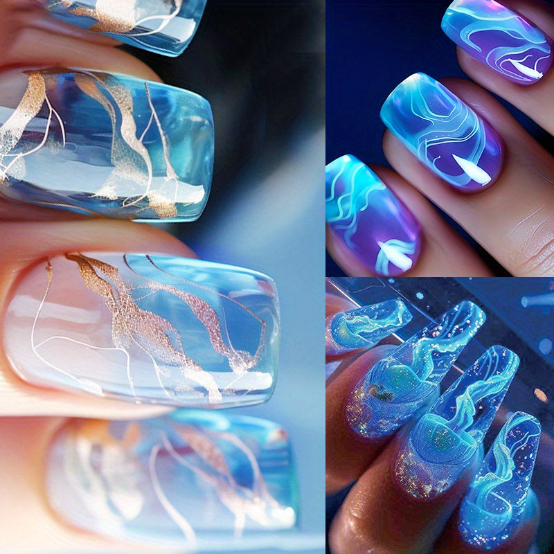 72PCS (3 PACK) fake nail patch, Jellyfish Nail Wear Nail Patch, Europe and the United States wear Nail Under the Sea World Nail Patch and simple cool ice translucent blue halo gradient nail patch line Pure to wear nail