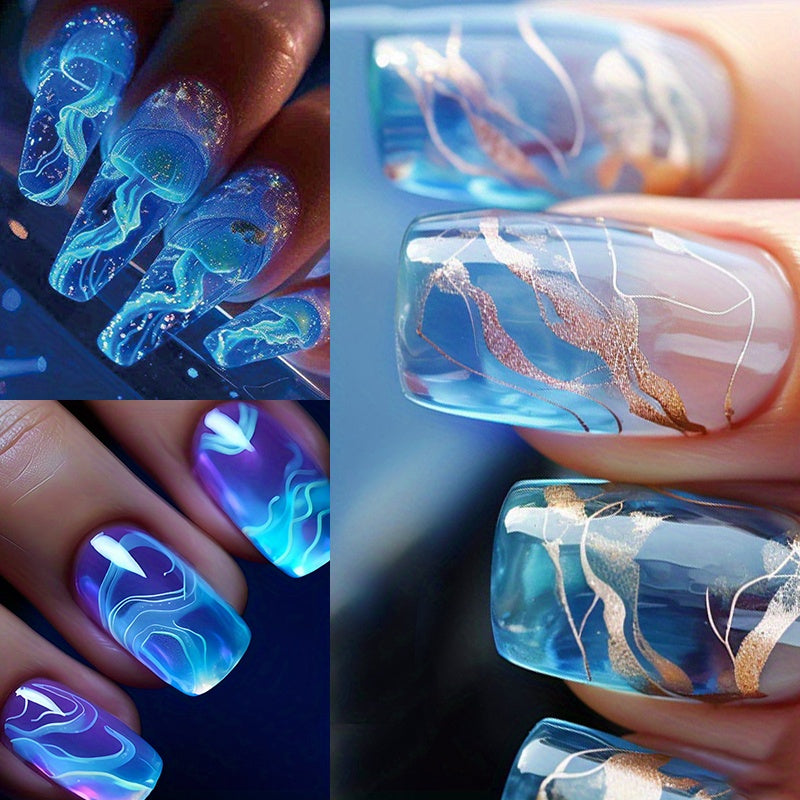 72PCS (3 PACK) fake nail patch, Jellyfish Nail Wear Nail Patch, Europe and the United States wear Nail Under the Sea World Nail Patch and simple cool ice translucent blue halo gradient nail patch line Pure to wear nail