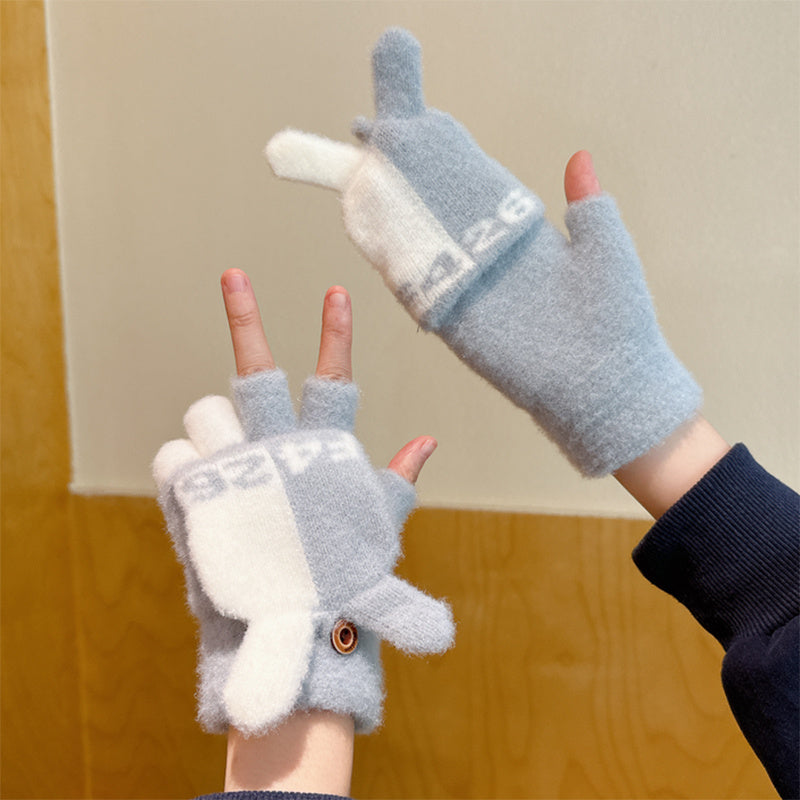 Women's Cute Cartoon Flip-Top Gloves, Winter Thickened Knit Mittens, Touchscreen Compatible, Breathable Nylon, Hand Wash or Dry Clean, Fashionable Ladies Gloves for Outdoor Use