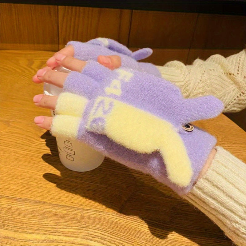 Women's Cute Cartoon Flip-Top Gloves, Winter Thickened Knit Mittens, Touchscreen Compatible, Breathable Nylon, Hand Wash or Dry Clean, Fashionable Ladies Gloves for Outdoor Use