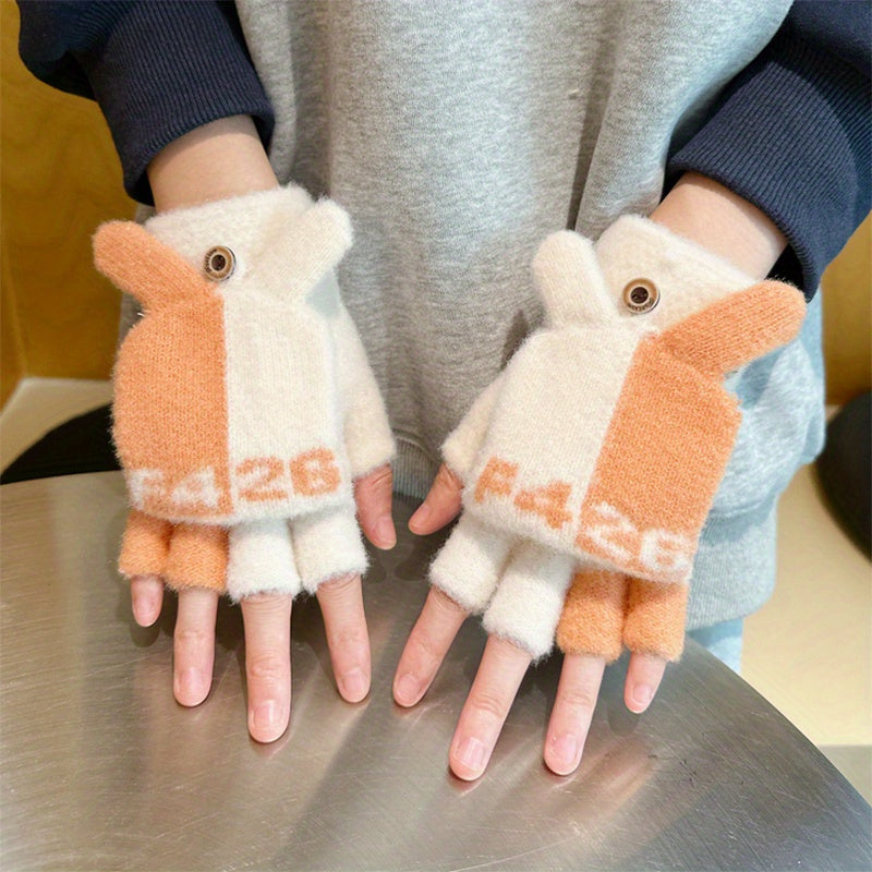Women's Cute Cartoon Flip-Top Gloves, Winter Thickened Knit Mittens, Touchscreen Compatible, Breathable Nylon, Hand Wash or Dry Clean, Fashionable Ladies Gloves for Outdoor Use
