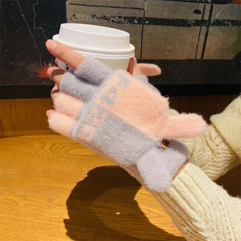 Women's Cute Cartoon Flip-Top Gloves, Winter Thickened Knit Mittens, Touchscreen Compatible, Breathable Nylon, Hand Wash or Dry Clean, Fashionable Ladies Gloves for Outdoor Use