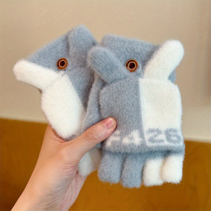 Women's Cute Cartoon Flip-Top Gloves, Winter Thickened Knit Mittens, Touchscreen Compatible, Breathable Nylon, Hand Wash or Dry Clean, Fashionable Ladies Gloves for Outdoor Use