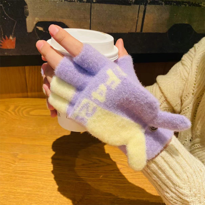 Women's Cute Cartoon Flip-Top Gloves, Winter Thickened Knit Mittens, Touchscreen Compatible, Breathable Nylon, Hand Wash or Dry Clean, Fashionable Ladies Gloves for Outdoor Use