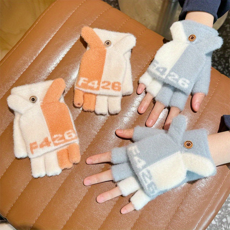 Women's Cute Cartoon Flip-Top Gloves, Winter Thickened Knit Mittens, Touchscreen Compatible, Breathable Nylon, Hand Wash or Dry Clean, Fashionable Ladies Gloves for Outdoor Use