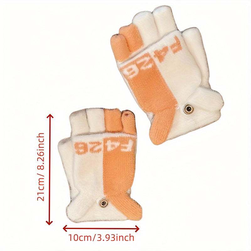 Women's Cute Cartoon Flip-Top Gloves, Winter Thickened Knit Mittens, Touchscreen Compatible, Breathable Nylon, Hand Wash or Dry Clean, Fashionable Ladies Gloves for Outdoor Use