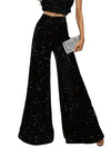 Women's High-Waisted Wide-Leg Velvet Pants with Sequin Details - Casual Loose-Fit Trousers, Black with White Sequins, Elastic Waistband, Machine Washable, Perfect for All Seasons, Party Attire | Elegant Casualwear | Velvet Se