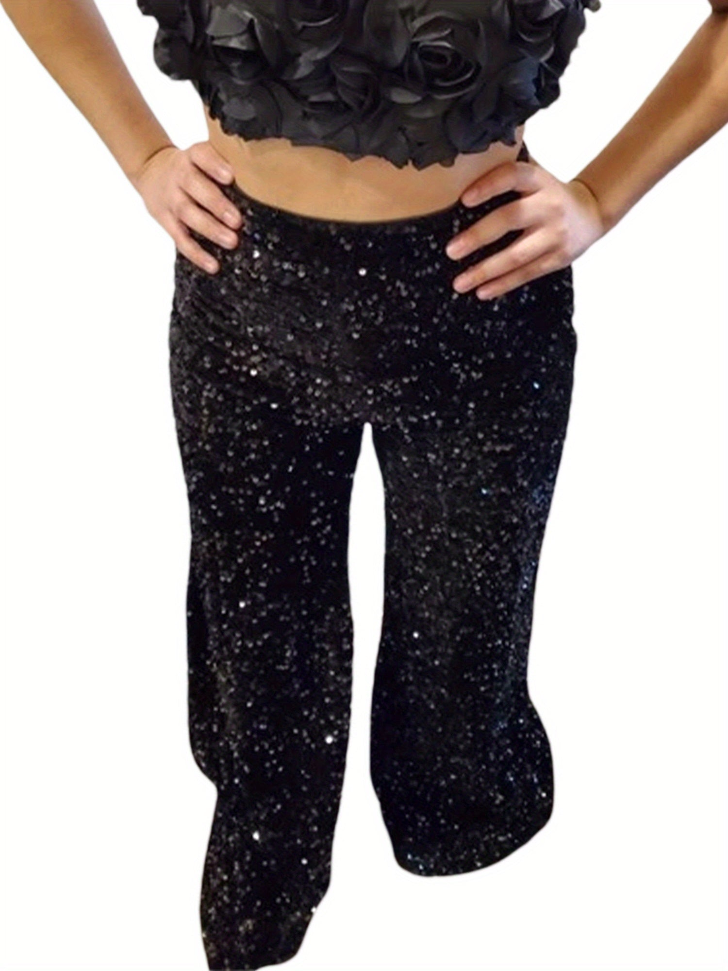 Women's High-Waisted Wide-Leg Velvet Pants with Sequin Details - Casual Loose-Fit Trousers, Black with White Sequins, Elastic Waistband, Machine Washable, Perfect for All Seasons, Party Attire | Elegant Casualwear | Velvet Se