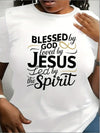 Plus Size Women's T-Shirt - Comfort Fit, Short Sleeve, Round Neck with Inspirational "Blessed by God" Print in Black & Golden - Machine Washable, Smooth Fabric, All-Season Casual Wear, Everyday Clothing | Round Neck Tee | Pur
