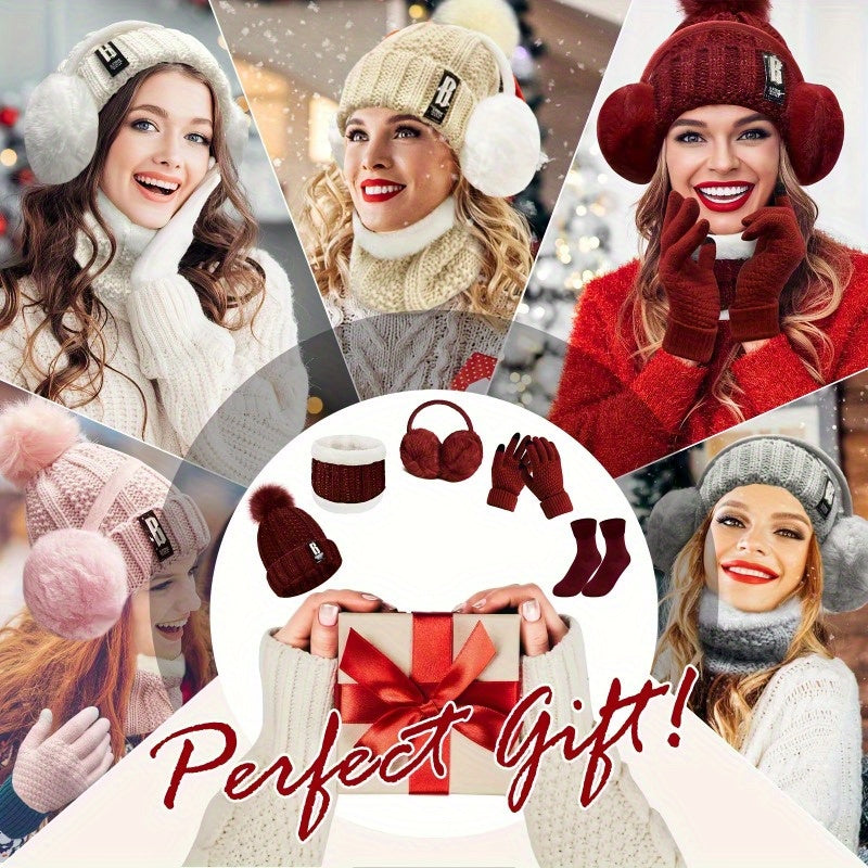 [Winter Sports Bundle] 5pcs/Set Winter Outdoor Sports Equipment - Thick Warm Knit Hat, Neck, Touch Screen Gloves, Plush Ear Muffs and Snow Socks for Skiing, Cycling and Hiking