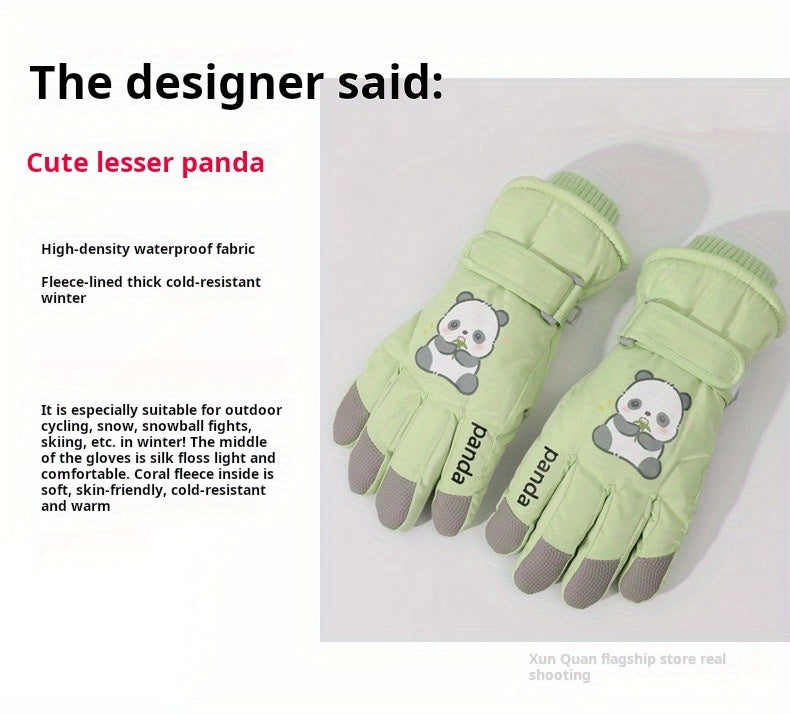 1 Pair Women'S Winter Ski Gloves, Cute Panda Design, Touchscreen Compatible, Polyester Thermal Lining, Velvet Palm, Magic Tape Closure, Hand Washable, Weather-Resistant