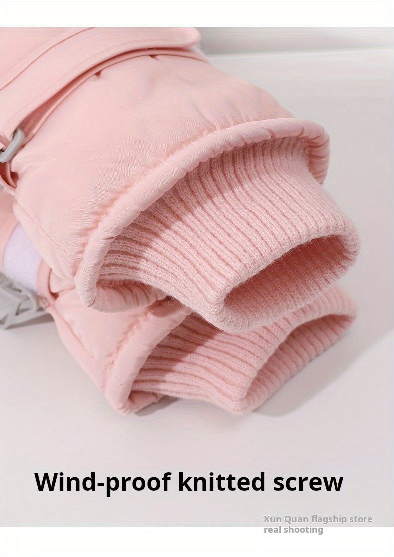 1 Pair Women'S Winter Ski Gloves, Cute Panda Design, Touchscreen Compatible, Polyester Thermal Lining, Velvet Palm, Magic Tape Closure, Hand Washable, Weather-Resistant