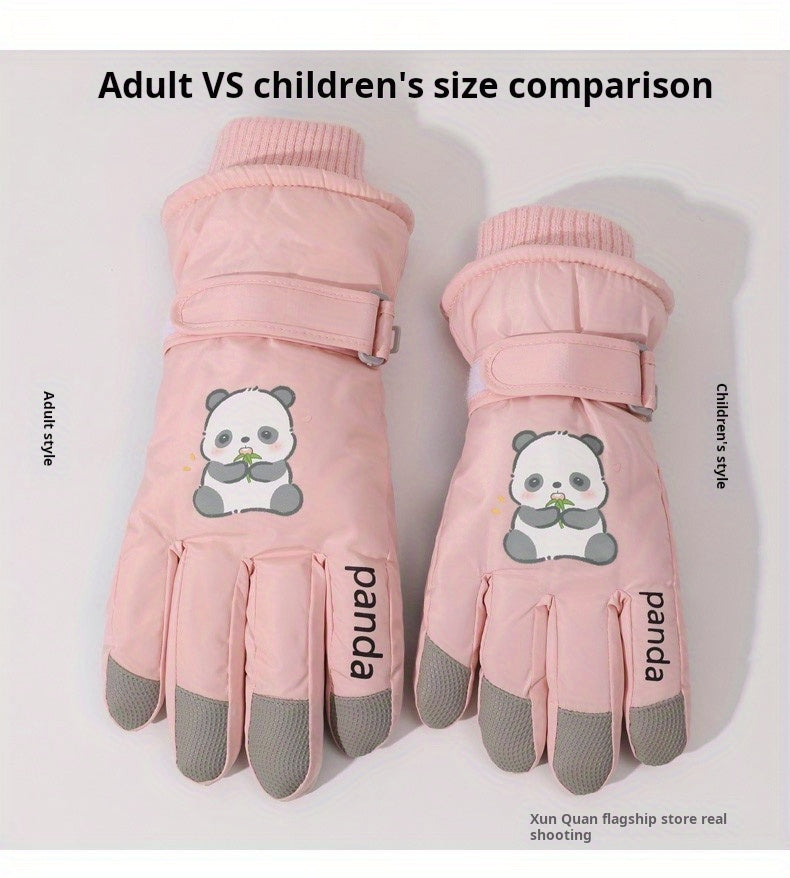 1 Pair Women'S Winter Ski Gloves, Cute Panda Design, Touchscreen Compatible, Polyester Thermal Lining, Velvet Palm, Magic Tape Closure, Hand Washable, Weather-Resistant