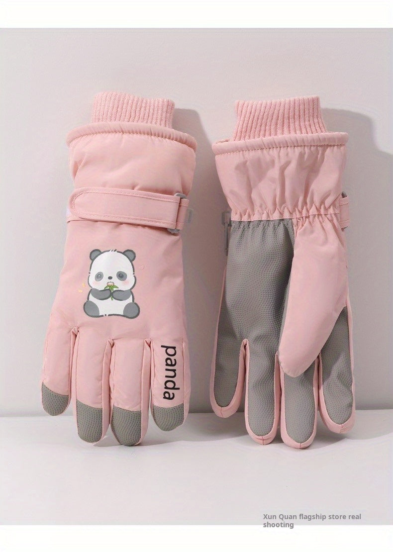 1 Pair Women'S Winter Ski Gloves, Cute Panda Design, Touchscreen Compatible, Polyester Thermal Lining, Velvet Palm, Magic Tape Closure, Hand Washable, Weather-Resistant