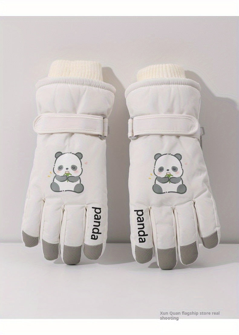 1 Pair Women'S Winter Ski Gloves, Cute Panda Design, Touchscreen Compatible, Polyester Thermal Lining, Velvet Palm, Magic Tape Closure, Hand Washable, Weather-Resistant
