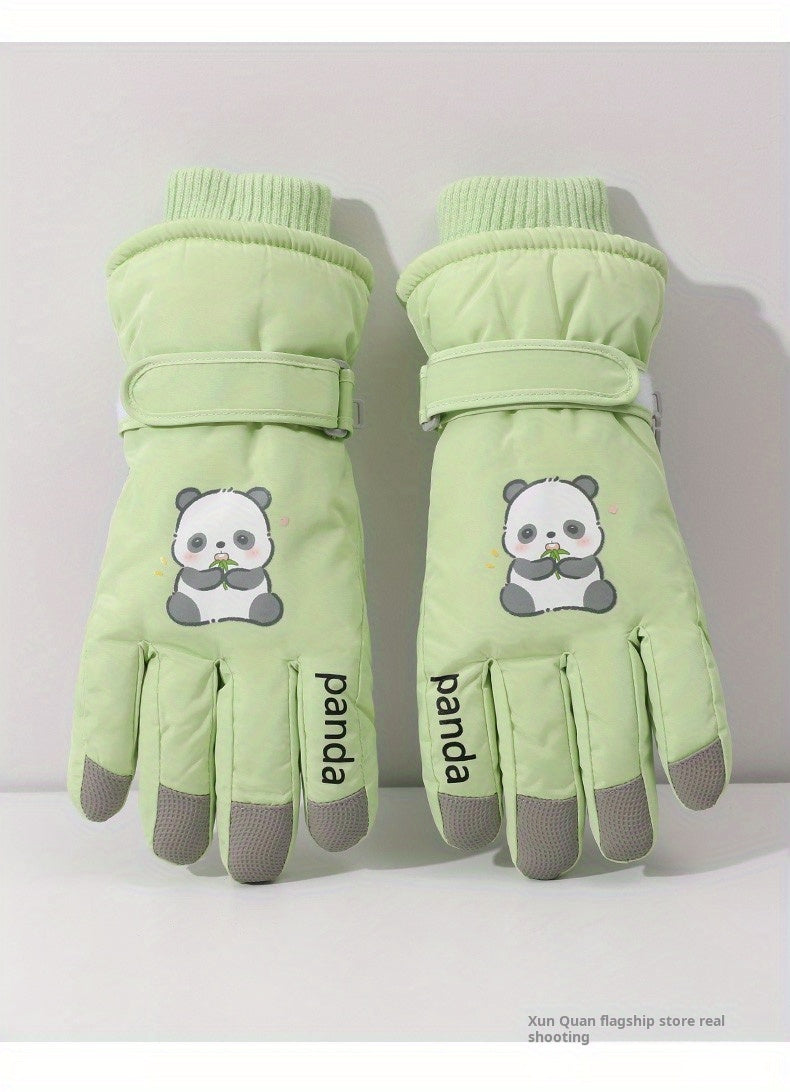 1 Pair Women'S Winter Ski Gloves, Cute Panda Design, Touchscreen Compatible, Polyester Thermal Lining, Velvet Palm, Magic Tape Closure, Hand Washable, Weather-Resistant