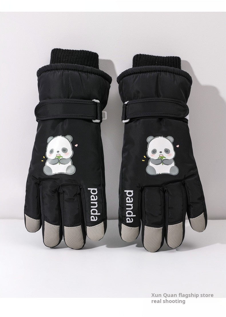 1 Pair Women'S Winter Ski Gloves, Cute Panda Design, Touchscreen Compatible, Polyester Thermal Lining, Velvet Palm, Magic Tape Closure, Hand Washable, Weather-Resistant