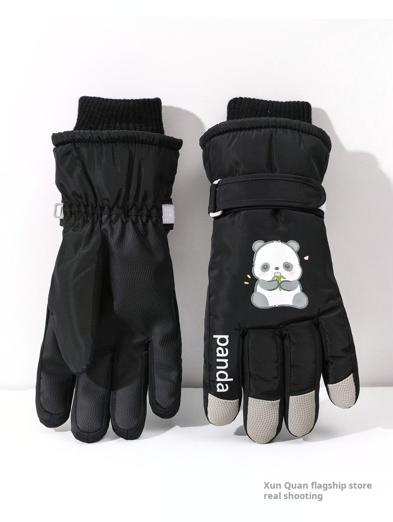 1 Pair Women'S Winter Ski Gloves, Cute Panda Design, Touchscreen Compatible, Polyester Thermal Lining, Velvet Palm, Magic Tape Closure, Hand Washable, Weather-Resistant