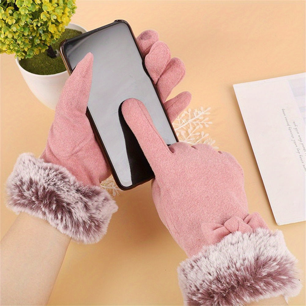 1 Pair Women's Thickened Warm Gloves, Polyester Full Finger Touchscreen Windproof Cold Proof Mittens for Outdoor Use - Hand Washable, Non-Stretch, Woven Craftsmanship, Winter Gloves
