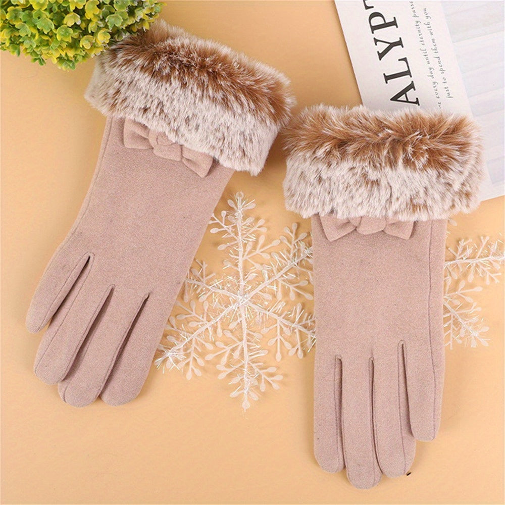 1 Pair Women's Thickened Warm Gloves, Polyester Full Finger Touchscreen Windproof Cold Proof Mittens for Outdoor Use - Hand Washable, Non-Stretch, Woven Craftsmanship, Winter Gloves
