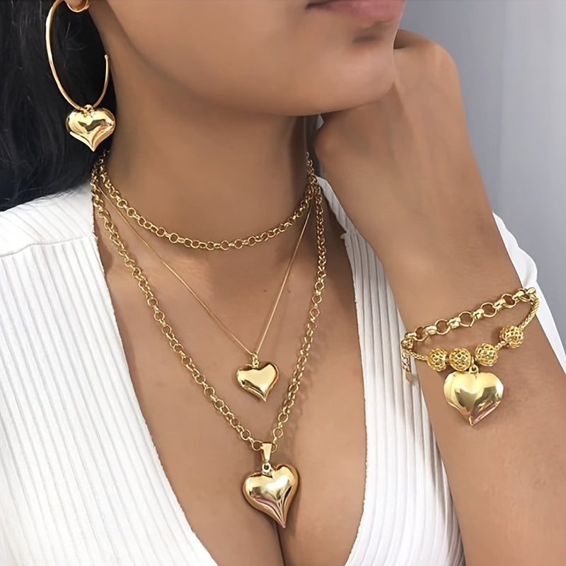 6pcs Stylish Bohemian Heart Jewelry Set - Women'S Multi-Layered Necklace, Bracelet and Earrings | Alloy Fashion Accessories for Casual Wear and Gifts