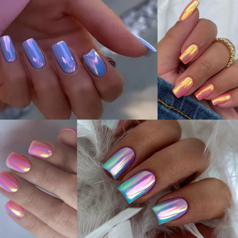 96PCS (4 PACK) Pink Chrome Press-On Nails Kit - Short Square PersonalizedAcrylic Nails for Women - Summer Dating