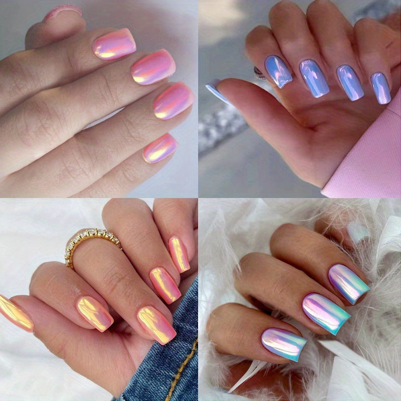 96PCS (4 PACK) Pink Chrome Press-On Nails Kit - Short Square PersonalizedAcrylic Nails for Women - Summer Dating
