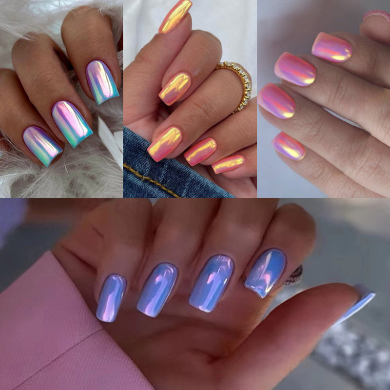 96PCS (4 PACK) Pink Chrome Press-On Nails Kit - Short Square PersonalizedAcrylic Nails for Women - Summer Dating