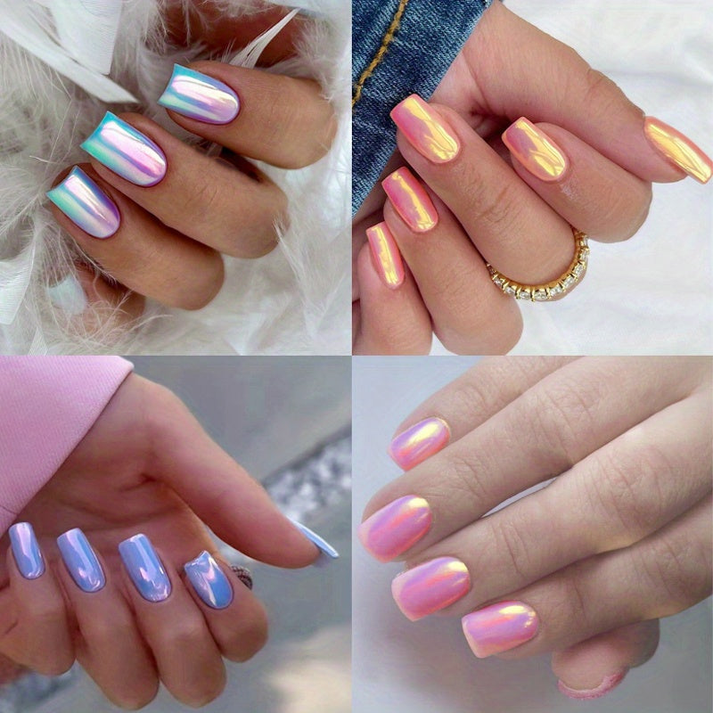 96PCS (4 PACK) Pink Chrome Press-On Nails Kit - Short Square PersonalizedAcrylic Nails for Women - Summer Dating