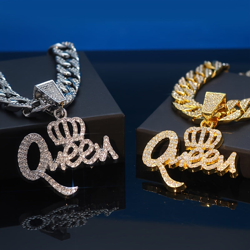 1pc Qneen Pendant Cuban Necklace For Women With Ice Cuban Chain Shiny Miami Necklace For Women Men Hip Hop Qneen Choker Necklace Jewelry Gift
