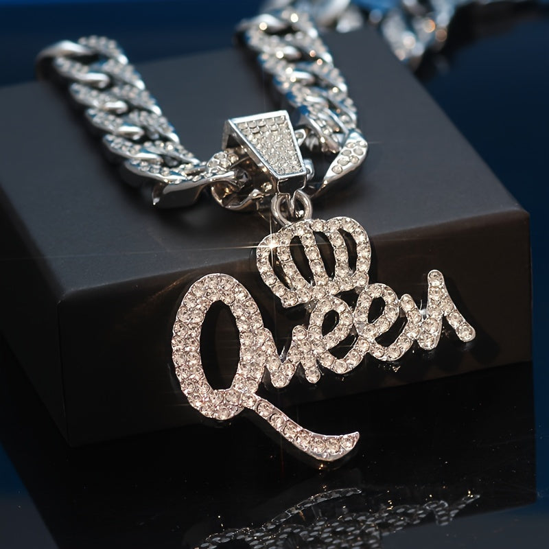 1pc Qneen Pendant Cuban Necklace For Women With Ice Cuban Chain Shiny Miami Necklace For Women Men Hip Hop Qneen Choker Necklace Jewelry Gift
