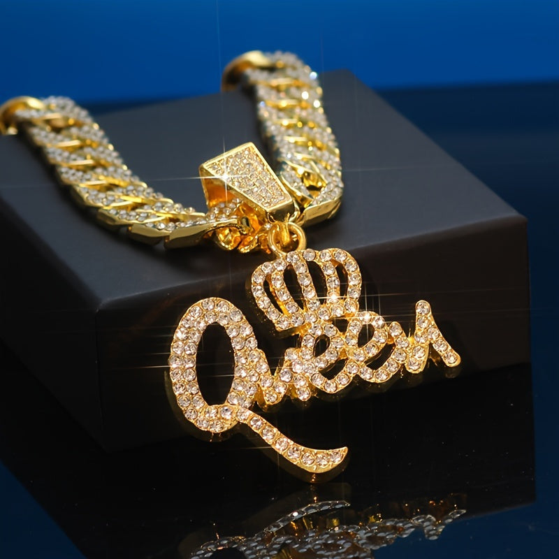 1pc Qneen Pendant Cuban Necklace For Women With Ice Cuban Chain Shiny Miami Necklace For Women Men Hip Hop Qneen Choker Necklace Jewelry Gift