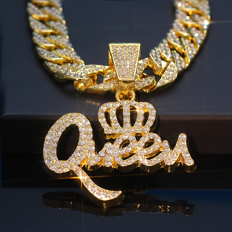 1pc Qneen Pendant Cuban Necklace For Women With Ice Cuban Chain Shiny Miami Necklace For Women Men Hip Hop Qneen Choker Necklace Jewelry Gift
