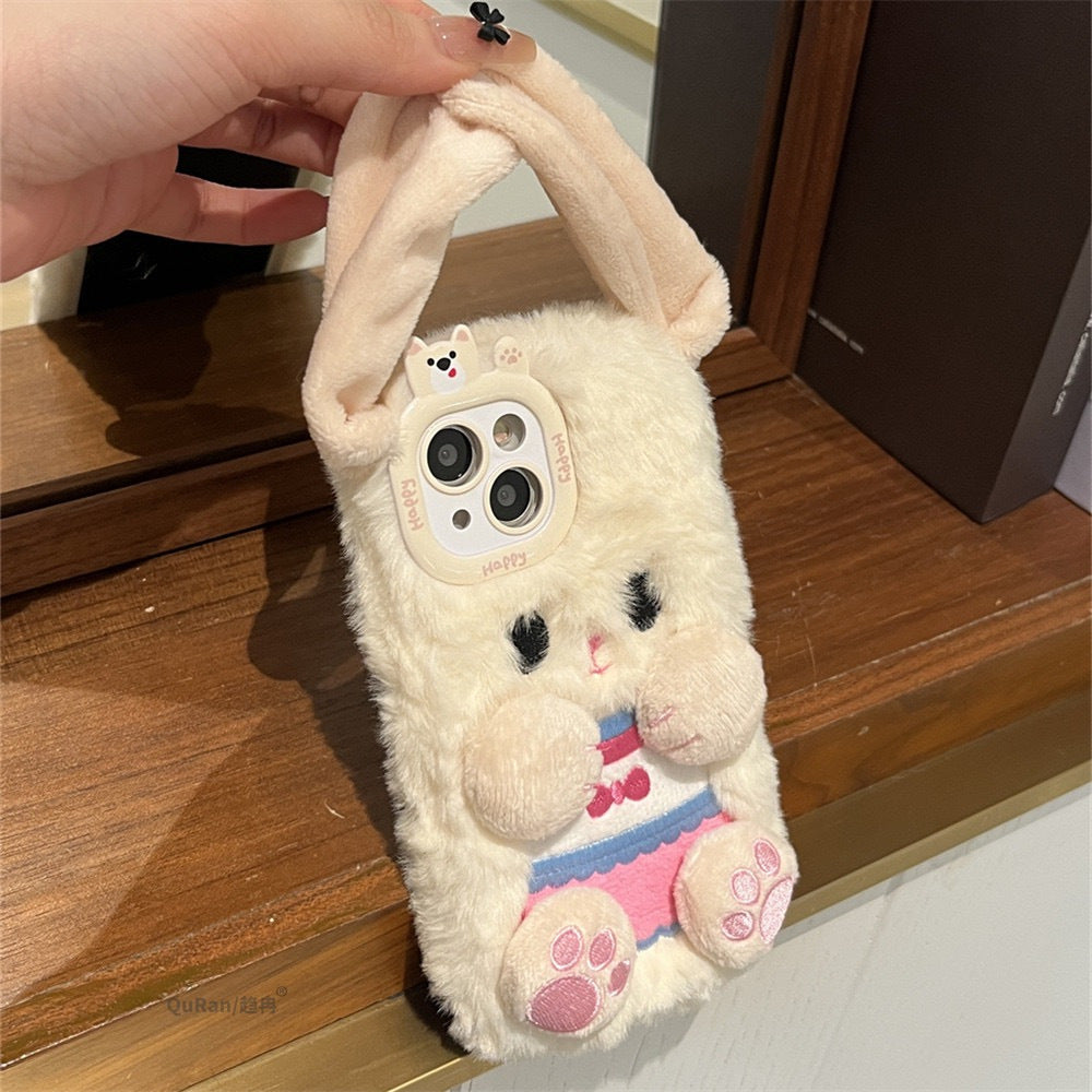 Internet Celebrity Female Model Super Hot Model Long Eared Rabbit Plush Shell Plush Cartoon Cute White ins Style Korean and Japanese for 16/15/14/13/12/11promax Mobile Phone Case iphone15 Autumn and Winter New Model 16pro Flu