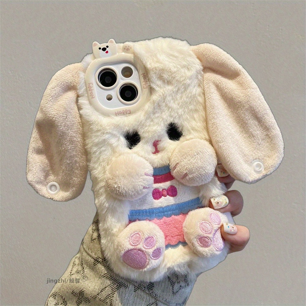 Internet Celebrity Female Model Super Hot Model Long Eared Rabbit Plush Shell Plush Cartoon Cute White ins Style Korean and Japanese for 16/15/14/13/12/11promax Mobile Phone Case iphone15 Autumn and Winter New Model 16pro Flu