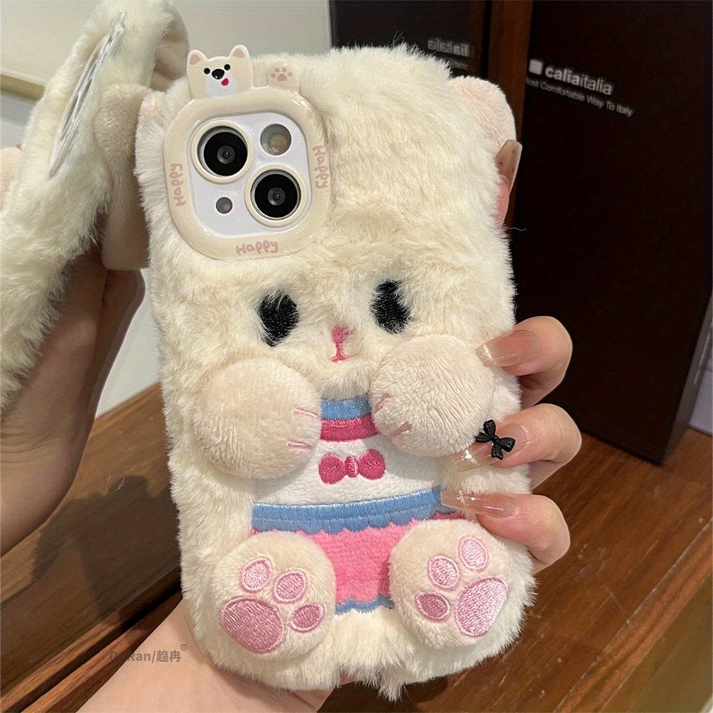 Internet Celebrity Female Model Super Hot Model Long Eared Rabbit Plush Shell Plush Cartoon Cute White ins Style Korean and Japanese for 16/15/14/13/12/11promax Mobile Phone Case iphone15 Autumn and Winter New Model 16pro Flu