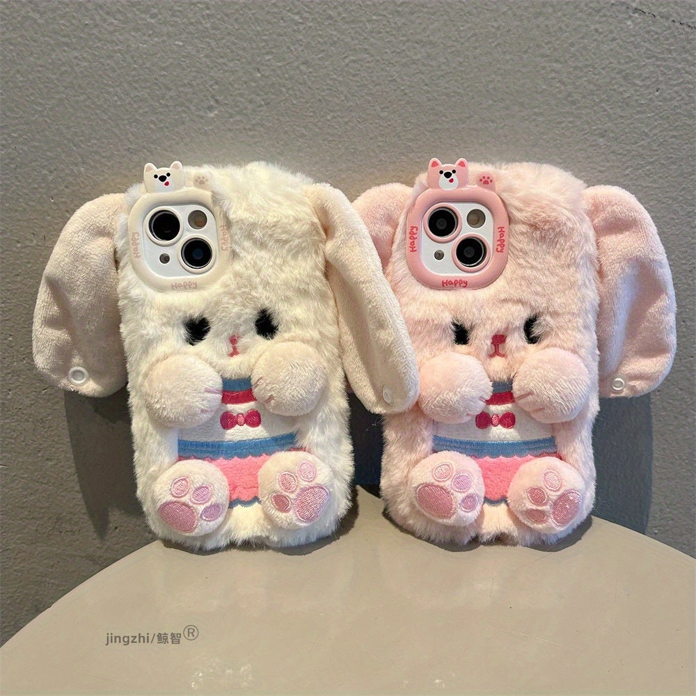 Internet Celebrity Female Model Super Hot Model Long Eared Rabbit Plush Shell Plush Cartoon Cute White ins Style Korean and Japanese for 16/15/14/13/12/11promax Mobile Phone Case iphone15 Autumn and Winter New Model 16pro Flu