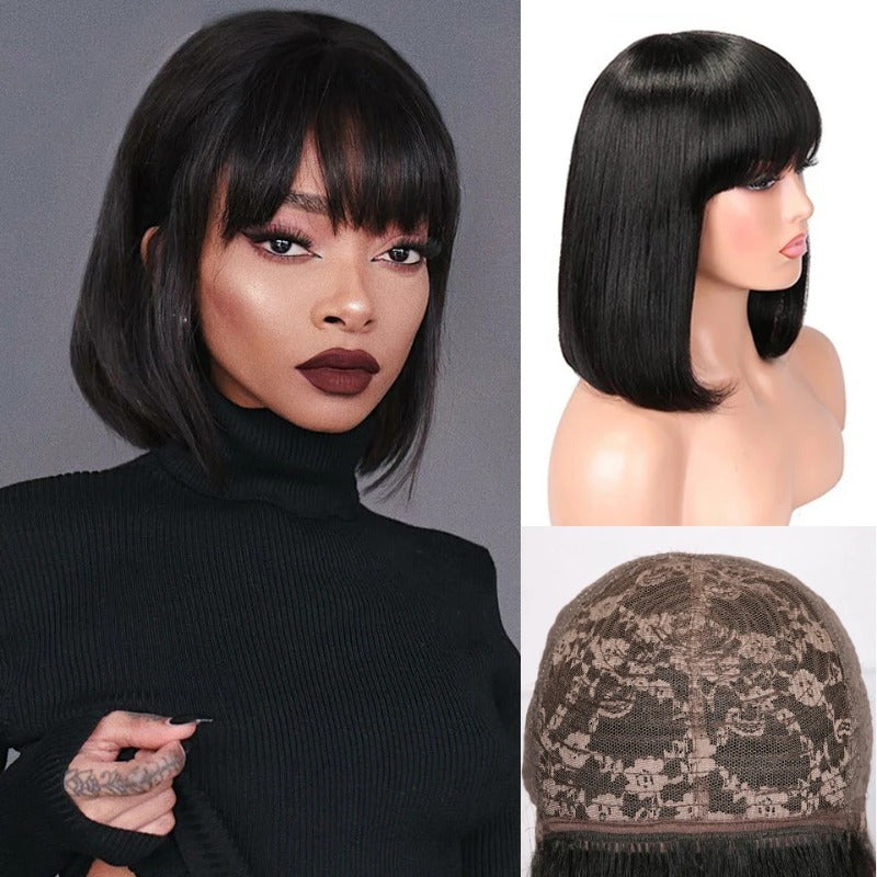Straight Short Bob Wig With Bangs 100% Human Hair Full Machine Made Bob Wigs Glueless Straight Wigs For Women