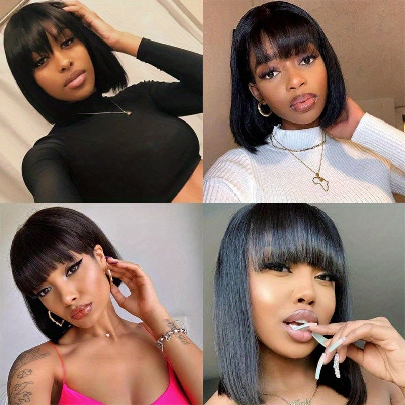 Straight Short Bob Wig With Bangs 100% Human Hair Full Machine Made Bob Wigs Glueless Straight Wigs For Women