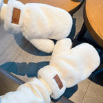 Winter Plush Rabbit Fur Mittens with Fingers, Fashionable Cute Sweet Ladies Knitted Polyester Gloves, Elastic, Warm, with Machine Washable for Casual Weekend Wear