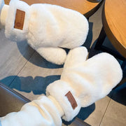 Winter Plush Rabbit Fur Mittens with Fingers, Fashionable Cute Sweet Ladies Knitted Polyester Gloves, Elastic, Warm, with Machine Washable for Casual Weekend Wear
